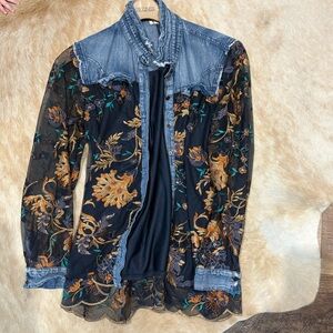 Reba Mesh Button-Down with Denim Yoke and Gold Floral Embroidery
